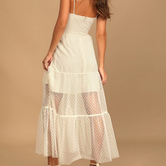 Lulus Romantic Spot Cream Polka Dot Mesh Tiered Midi Dress - Picture 2 of 4